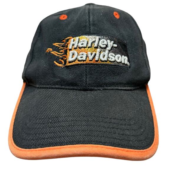 Harley Davidson Baseball Cap Flame Biker Grunge Adjustable Black Orange OSFA IM - Picture 10 of 10